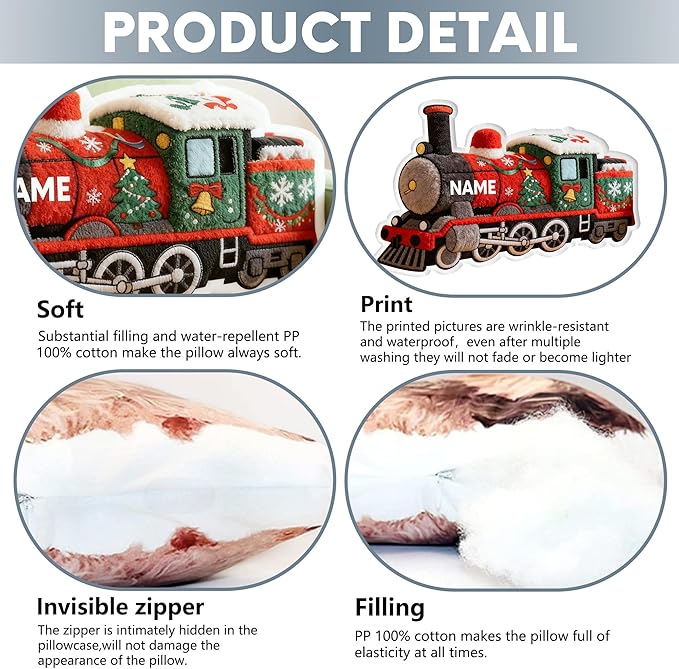 Custom Small Train Shaped Pillow Personalized Double-Sided Printed Cute Pillow Customized Christmas Party Commemorative Gift Sofa Decorative for Boys and Girls 8-32in