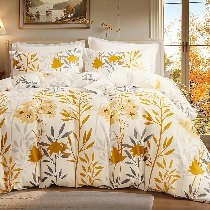 100% Cotton Comforter Set Queen Size – Yellow Floral Bedding Sets 3 Pieces Lightweight Cozy Botanical Bed Comforter, Soft Cottagecore Aesthetic All Season Bedding