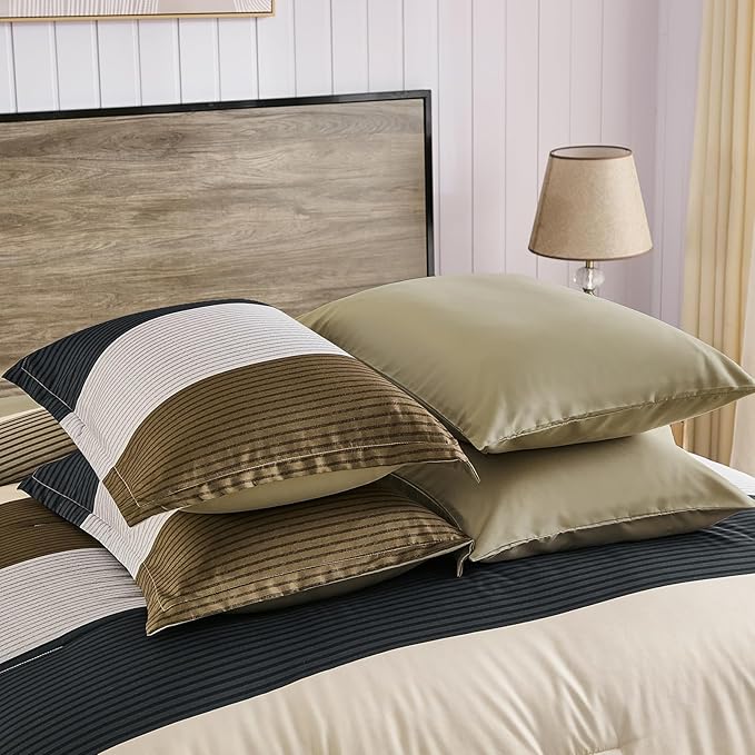 Anibedding 7 Pieces Striped Queen Size Comforter Set, Brown Black Soft Microfiber Down Alternative Farmhouse Bedding All Season with Comforter, Pillow Shams, Flat Sheet, Fitted Sheet and Pillowcases