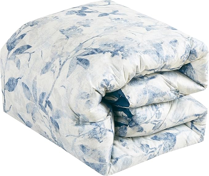 Chezmoi Collection Monica 3-Piece Boho Floral Comforter Set, King - Blue Gray White Tropical Flower Textured Printed Microfiber Lightweight Bedding Set