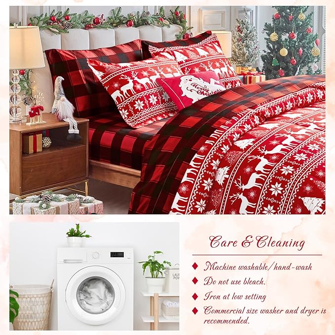 Tititada Christmas Red Bed in a Bag 6 Pcs Twin Size, Striped Snowflake Pattern Printed Bedding Comforter Set Warm for Winter(1 Comforter, 1 Flat Sheet, 1 Fitted Sheet, 2 Pillow Shams, 1 Pillowcase)