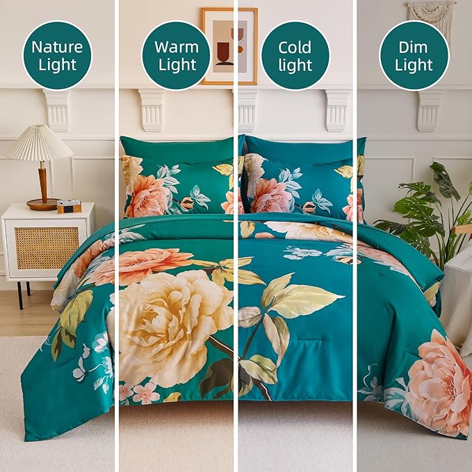 Drucon Floral Comforter Set King Size 7 Pieces Bed in a Bag, Teal Blue Floral Bedding Set, Soft Microfiber Comforter and Sheet Set for All Season (King, 104"x90")