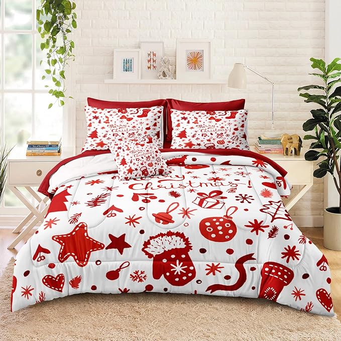 Merry Christmas Comforter King White Red Bedding Set Cute Christmas Tree Gift Xmas Stocking Pattern Snowflake Winter Theme Boys Girls Holiday Bed in A Bag