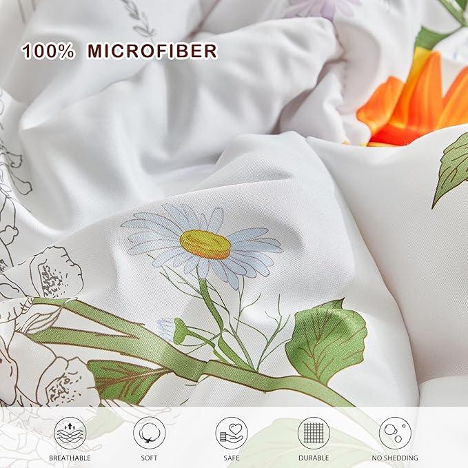 Joyreap 7 Piece Bed in a Bag King, Floral Comforter Sheet Set, Orange n Yellow Flowers on White Design, All Season Microfiber Bedding Comforter Set
