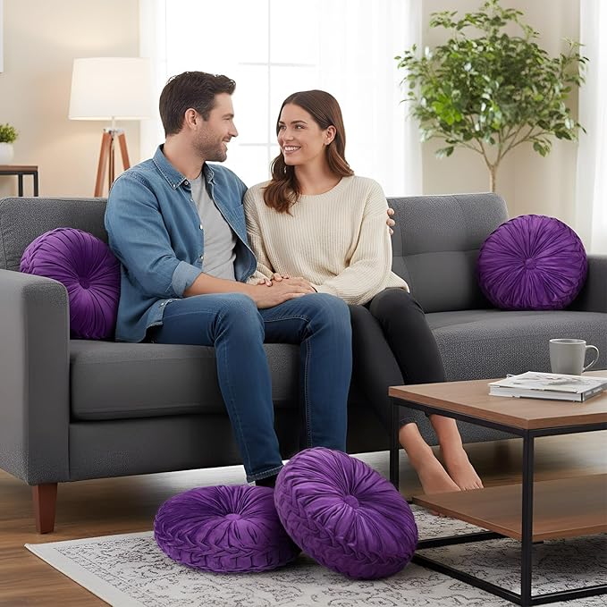 1 Pcs Round Throw Pillows Decorative Velvet Pleated Throw Pillows 15'' Diameter Accent Pumpkin Boho Chair Cushion for Couch Sofa Chair Bed Home Decoration (Purple)