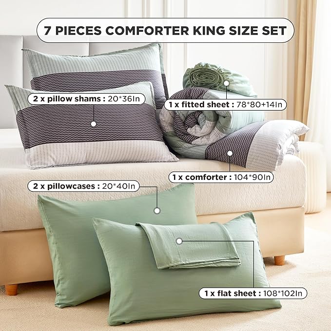 Andency King Size Comforter Set Sage Green - 7 Pieces Green Striped Bed in a Bag, Soft Lightweight All Season Colorblock Bedding Set with Comforter, Fitted & Flat Sheet, Pillowcases & Shams