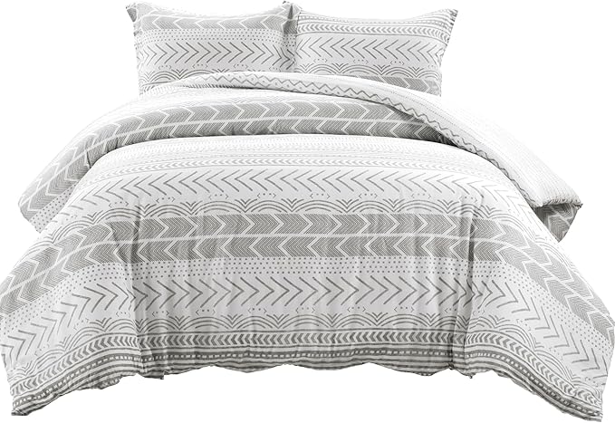 Lush Decor Hygge Geo Reversible 3 Piece Cotton Duvet Set, Full/Queen, Gray & White
