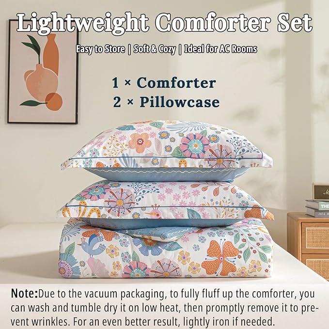 Blue Floral Cotton Comforter Queen Size - Vibrant Artistic Blooms & Boho Geometric Patterns, White & Soft Blue, 3PC Lightweight Bedding Sets with Down Alternative Fill(90"×90")