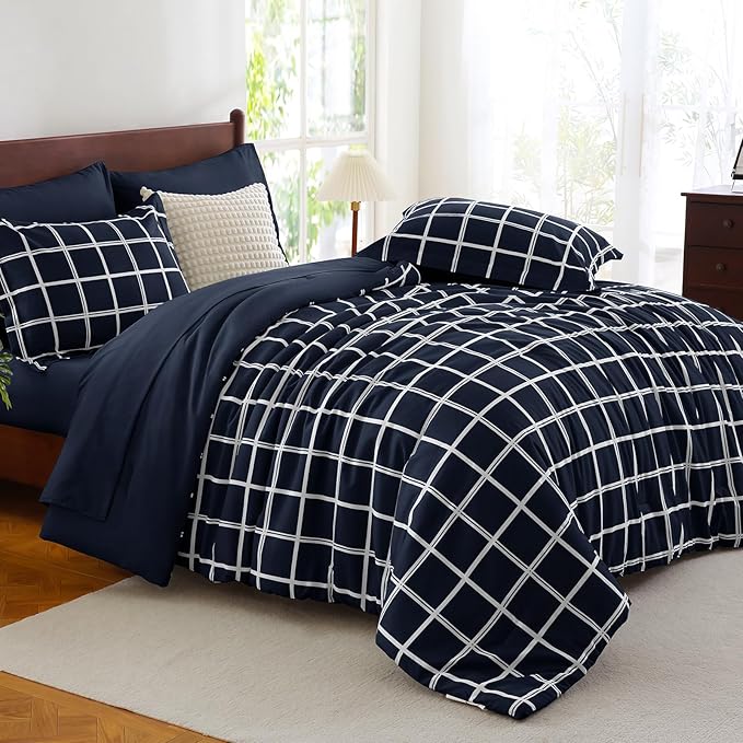 CozyLux Queen Comforter Set with Sheets - 7 Pieces Plaid Bed in a Bag Set Navy Blue, Queen Bedding Sets Bed Set with All Season Quilted Comforter, Flat Sheet, Fitted Sheet, Pillowcases & Pillow Shams