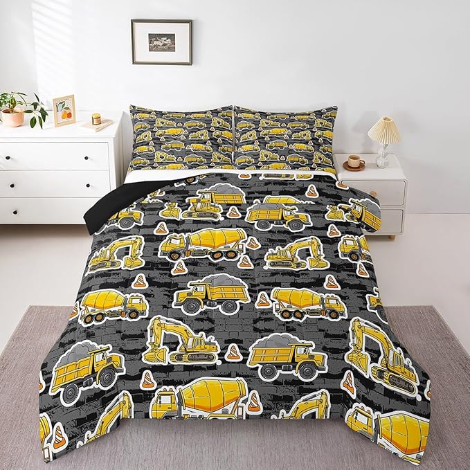Erosebridal Excavator Comforter Set Queen Concrete Truck Pattern Bedding Set Child Teens Construction Down Comforter for Kids Boys Cartoon Toy Cars Quilt Set Bedroom Decor, Grey