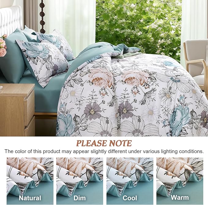 Luxudecor King Comforter Set 7 Pieces Bedding Sets,Teal Blue Floral Comforter and Sheet Set,Soft Microfiber Bed in a Bag for All Seasons (Teal Blue,104"x90")