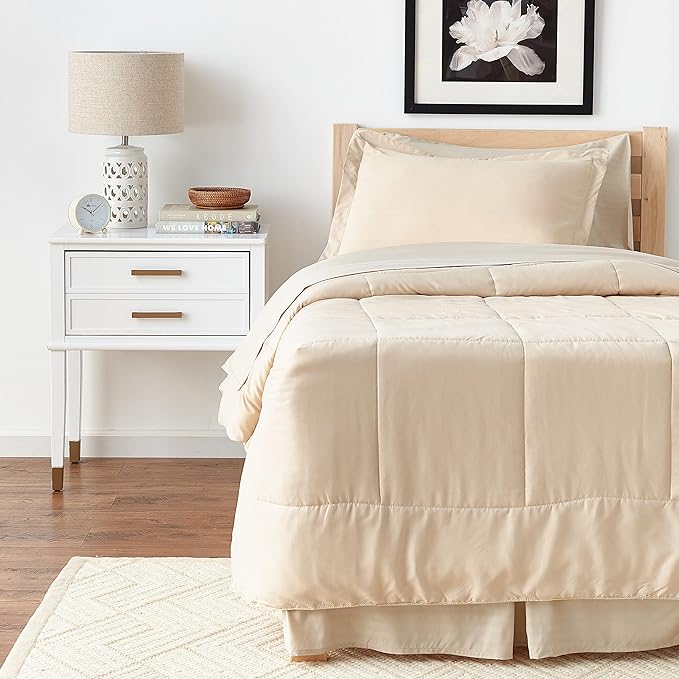 Twin Comforter Set 6 Piece Bed in a Bag with Bed Skirt, Fitted Sheet, Flat Sheet, 1 Pillowcase, and 1 Pillow Sham, Twin, Dobby Beige