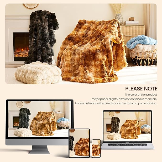 L'AGRATY Faux Rabbit Fur Blanket: 60" x 80" Twin Luxury Soft Fluffy Thick Fur Throw Blanket for Couch Bed Sofa - Cozy Plush Bubble Blankets for Winter: Flannel Fleece Decorative Blanket(Almond White)