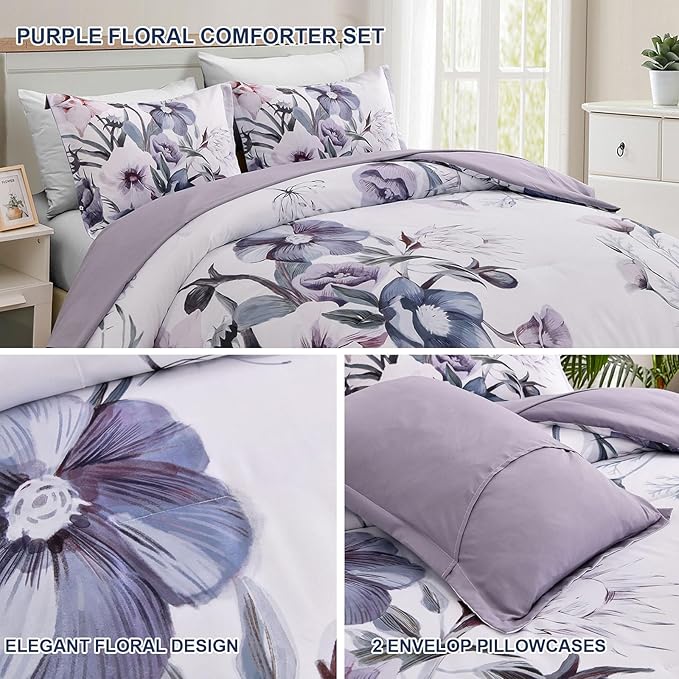 Drucon Floral Comforter Set King Size 3 Piece Purple Floral Bed in a Bag, Soft Microfiber Bedding Set for All Season (Purple, 104"x90")