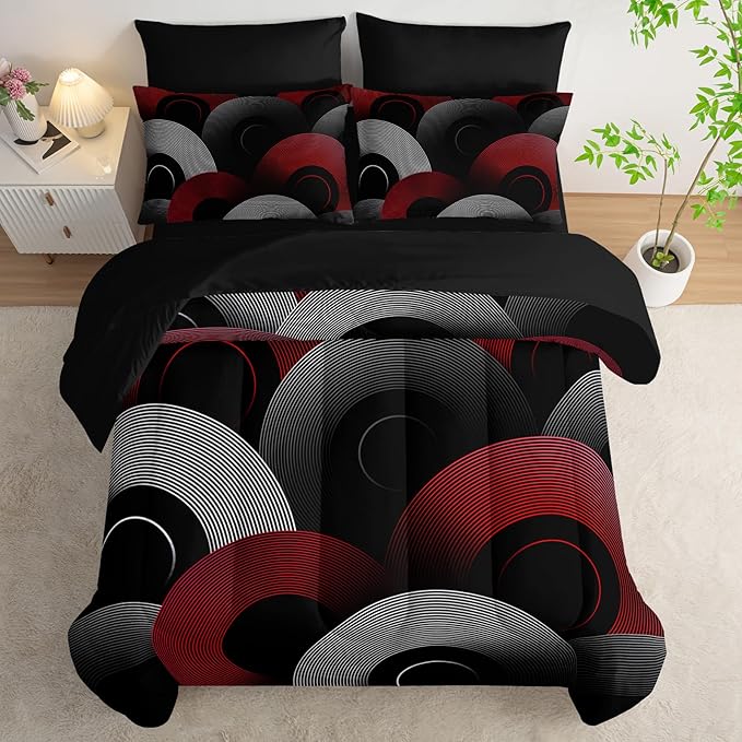 7 Piece Black and Red Queen Comforter Set Geometric Pattern,Geometric Bedding Set Boys,Geometric Bedroom Decor,(1 Comforter, 1 Flat Sheet, 1 Fitted Sheet, 2 Pillowcase and 2 Pillow Sham)