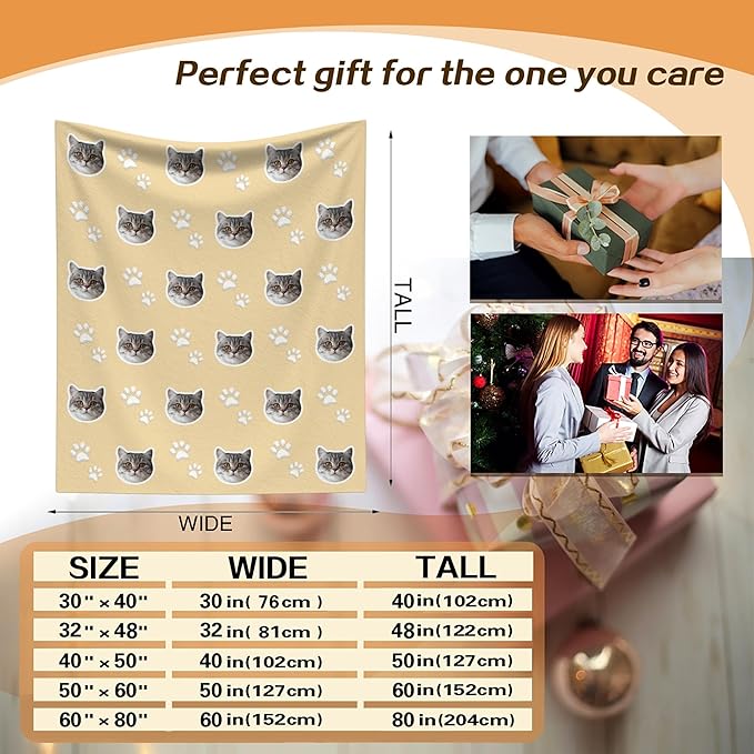 Custom Blanket with Funny Cat Face Personalized Soft Warm Fleece Throw Blankets with Paw Bones Customized Throws for Couch Bed Sofa Unique Gifts for Cat Dad Mom Pet Lovers