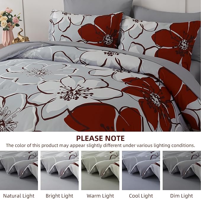 Anibedding 7Pieces Red Floral Comforter Set King Size, Soft Microfiber Red Grey Bed in a Bag Comforter Set with Sheets for All Season