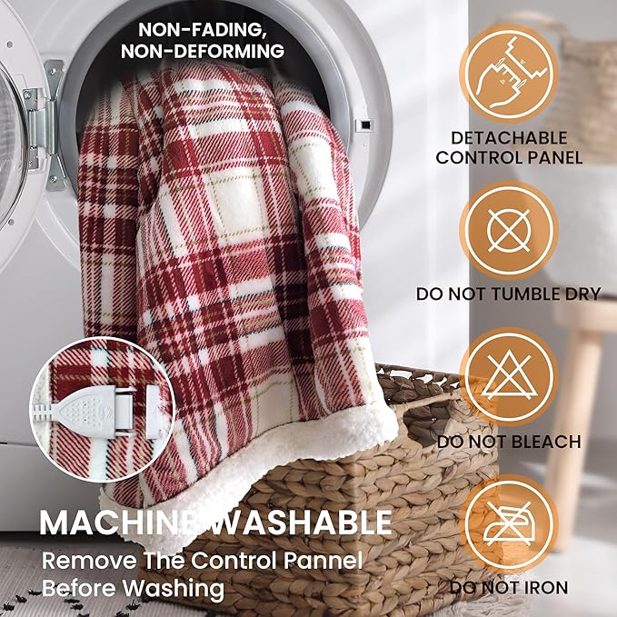 Heated Blanket Electric Throw 50''x60''Ultra Soft Plaid Flannel Fast Heating Electric Blanket with 10 Heat Levels & 10 Hrs Auto Off, ETL Certified, Keep Warm in Couch Bed Office (Red)