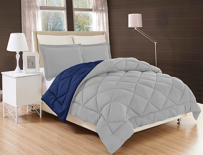 Elegant Comfort All Season Comforter and Year Round Medium Weight Super Soft Down Alternative Reversible 2-Piece Comforter Set, Twin/Twin XL, Navy/Silver