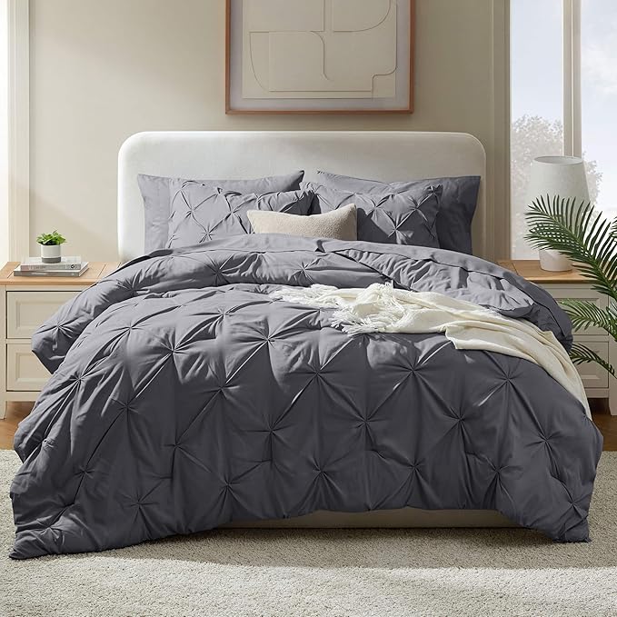 Nestl Queen Comforter Set 7 Piece - Pinch Pleated Comforters Queen Size Dark Grey, Bed in a Bag Queen All Season, Queen Size Comforter Sets Bedding with Flat Sheet, Fitted Sheet, Pillowcases and Shams