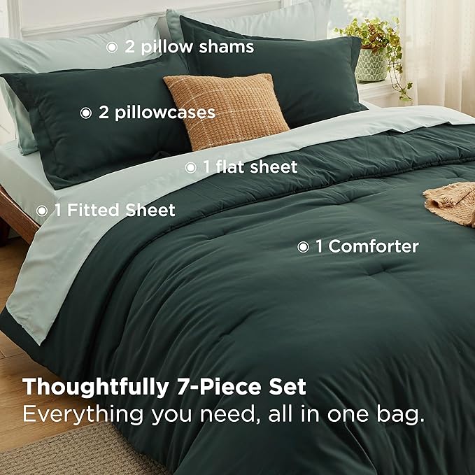Bedsure Queen Comforter Set - 7 Pieces Forest Green Queen Bedding Set for All Seasons, Boho Contrasting Design Bed in a Bag with Comforter, Sheets, Pillowcases & Shams