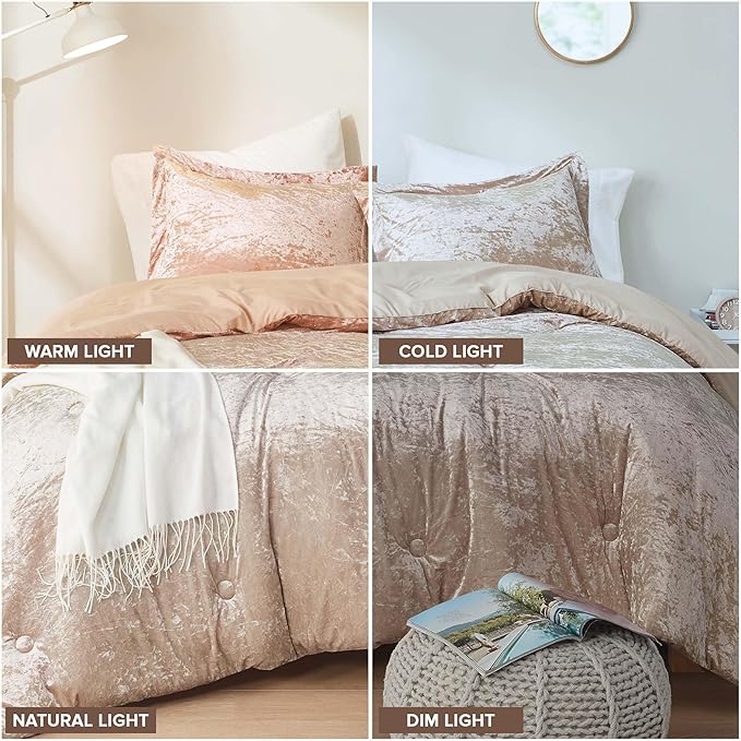 Comfort Spaces Luxe King Comforter Set - Velvet Comforters for King Size Bed, Microfiber Reverse, Juliette, All Season Bedding, Fluffy Bed Set, Sham, Champagne 3 Piece