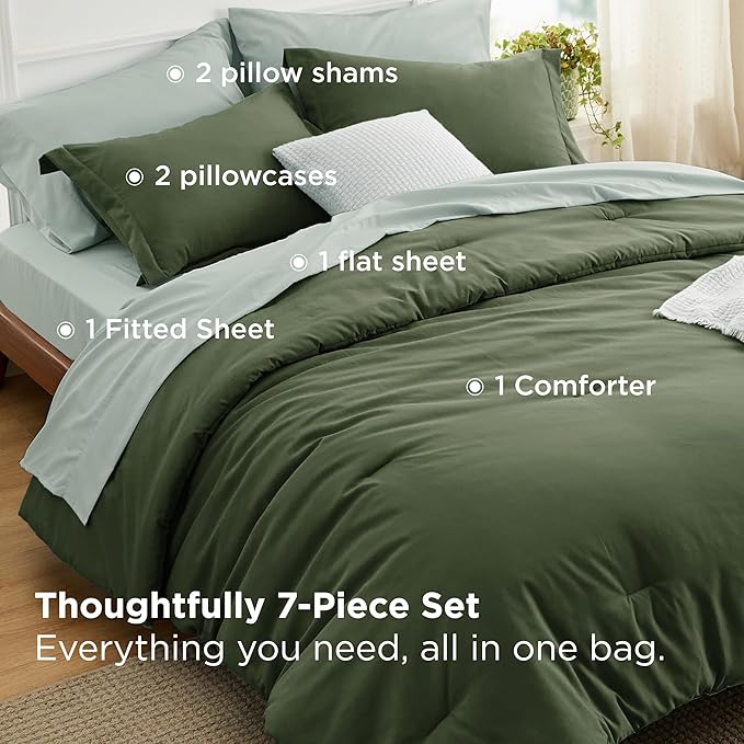 Bedsure Full Size Comforter Set - 7 Pieces Olive Green Full Bedding Set for All Seasons, Boho Contrasting Design Bed in a Bag with Comforter, Sheets, Pillowcases & Shams