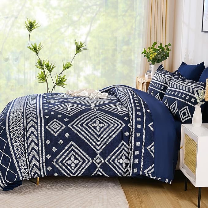 Yiran Navy Blue Comforter Set Queen Size, 7 Piece Boho Striped Bedding Set, Geometric Bed in a Bag Queen, Soft Microfiber Bohemian Complete Bedding Set with Sheets for All Season