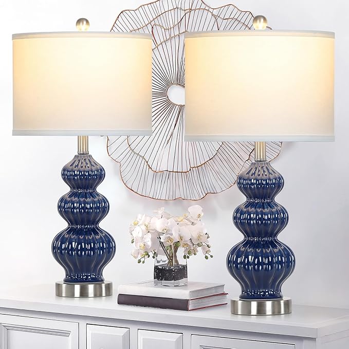 26" Blue Table Lamp Set of 2 with Rotary Control, Ceramic Table Lamps Classic Beside Lamps Nightstand Lamp Modern Table Lamp for Living Room,LED Bulbs Included