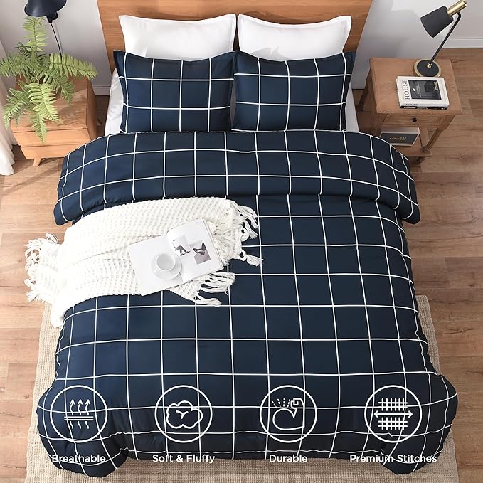 Andency Navy Plaid Comforter Twin(66x90Inch), Dark Blue Grid Gingham Buffalo Plaid Bed Set for Boys Kids Teens, 2 Pieces Lightweight Microfiber Geometric Preppy Bedding