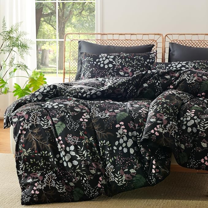 Floral Comforter Set Queen 3 Pieces Elegant Flower Bedding Set Farmhosue Aesthetic Bedding Soft Microfiber Black Comforter with 2 Pillowcases
