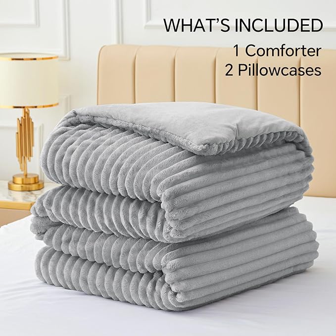 BEDELITE Fleece King Comforter Set -Super Soft & Warm Fluffy Light Grey Bedding, Luxury Fuzzy Heavy Bed Set for Winter with 2 Pillow Cases
