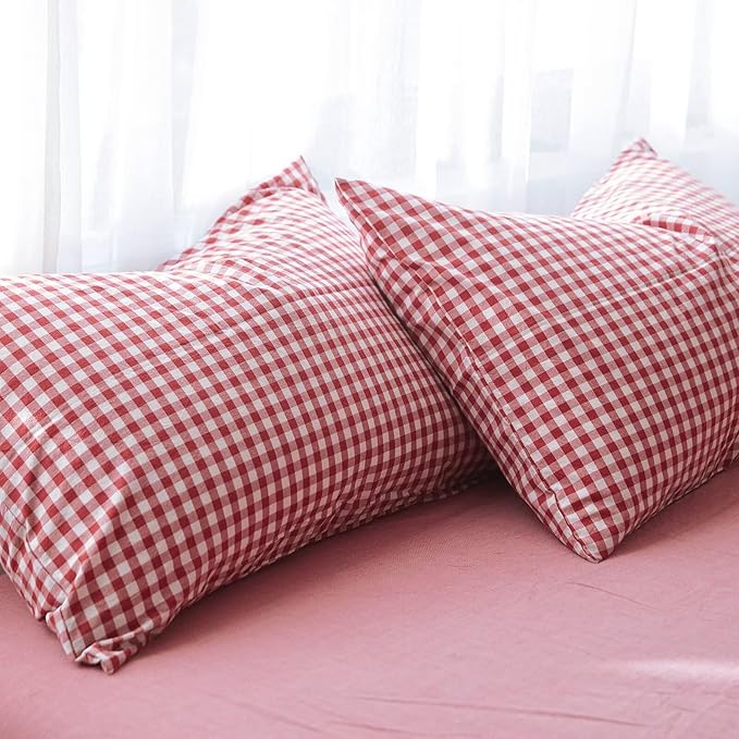 mixinni Red Gingham Comforter Set King, Plaid Comforter Set 3 Pieces 1 Red Grid Comfoter with 2 Pillow Cases for All Seasons, Soft Fluffy Modern Grid Pattern Printed Bedding-King Size