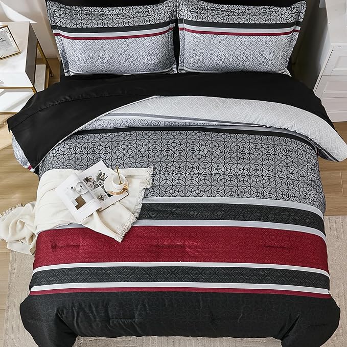 WONGS BEDDING 7 Pieces Comforter Set King Size, Black-red Striped Bed in a Bag Comforter and Sheet Set, Black Boho Soft Lightweight Micorfiber Bedding Set for All Season (90"Ć104")
