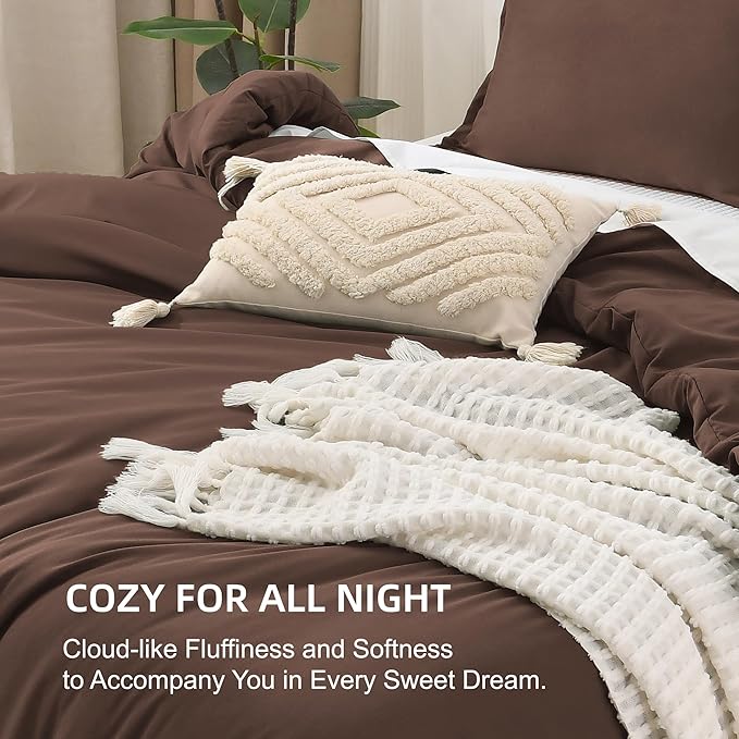 Litanika Comforters Brown Super King Size, 3 Pieces Lightweight Solid Bedding Set & Collections, All Season Fluffy Bed Set (120x120In Comforter & 2 Pillowcases)