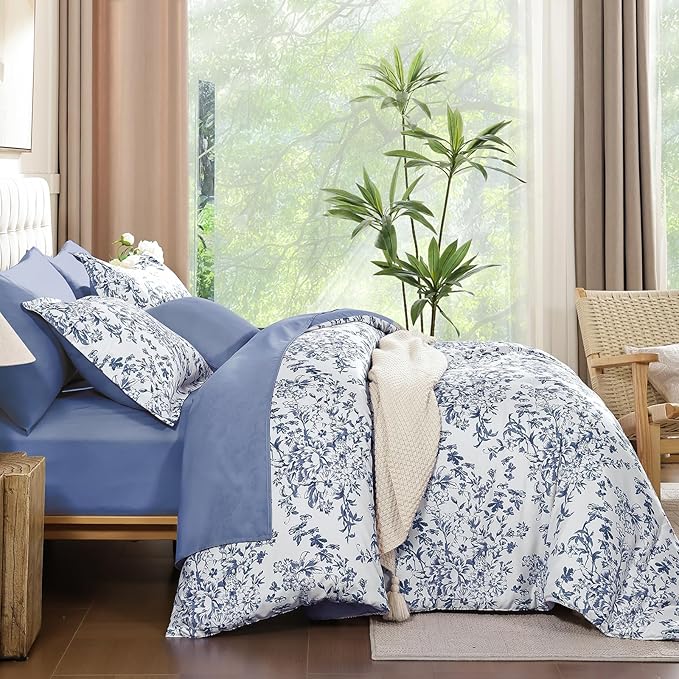 WONGS BEDDING Blue Floral Comforter Set Full Size, 8 Pieces Flower Botanical Bed in a Bag Bedding Set, Soft Microfiber Comforter, Sheets, Pillowcases & Shams (78"x90")