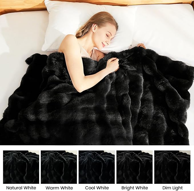 Latepis Soft Black Faux Fur Bubble Blanket, Fuzzy Warm Cozy Twin Blankets for Couch, Plush Fluffy Blankets for Sofa and Bedroom, Throw Blanket, 60” x 80”, 860GSM