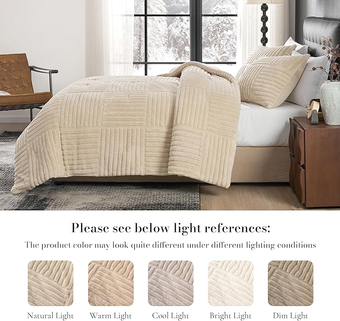 Amélie Home King Size Comforter Set with Stripe Jacquard Design, Khaki Fluffy King Bedding Set, Super Soft Plush Bedding Set for Winter,3 Pieces, 1 Soft Comforter and 2 Pillowcases