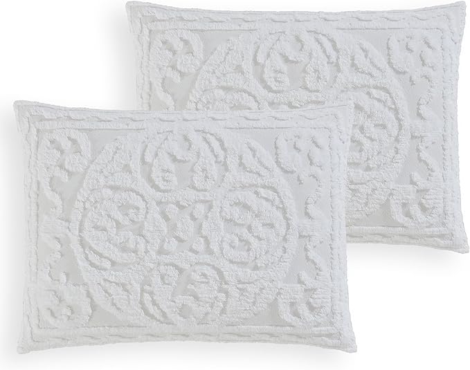 Beatrice Home Fashions Medallion Tufted Chenille Comforter 3-Piece Set, Cotton, All Season Cozy Bedding, Queen, White