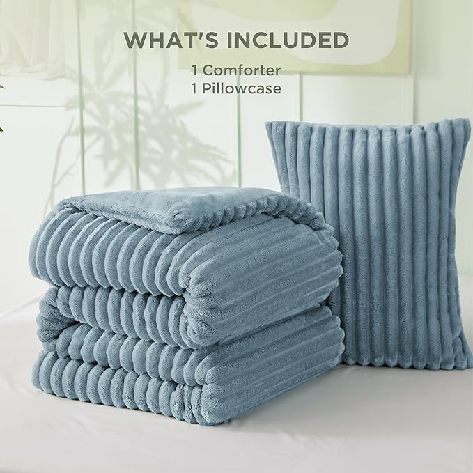 Bedsure Twin/Twin XL Comforter Set - GentleSoft™ 2 Pieces Fluffy Double-Side Fleece Comforter Set, Cozy Striped Room Decor Aesthetic, Luxury Mineral Blue Twin Bedding with 1 Pillowcase, 68x88 Inches