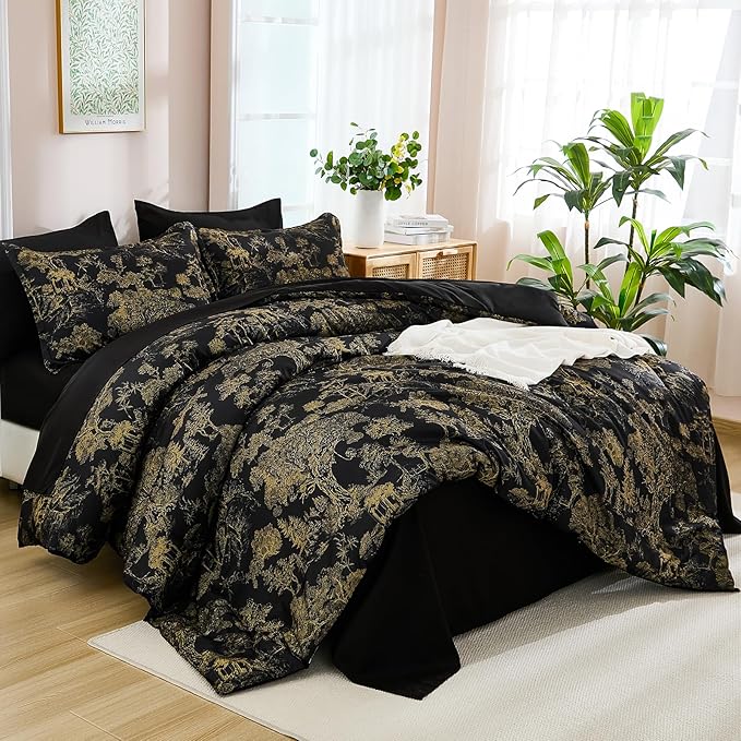 DJY Black Comforter Set Queen, 7 Pieces Black and Gold Botanical Comforters Bed in a Bag Queen Size Elegant Plants Print Bedding with Comforter, Flat Sheet, Fitted Sheet, Pillow Shams Pillowcases