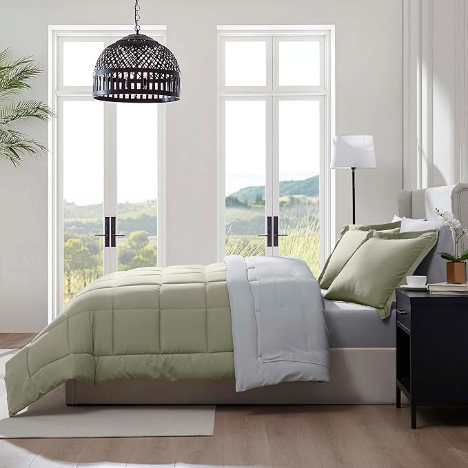 Nestl 7 Piece Queen Comforter Set – Light Sage Reversible Bed in a Bag – Complete Queen Size Bedding Set with Sheets, Pillowcases and Shams