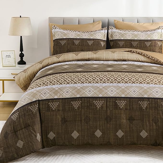 Xruibed Brown Queen Comforter Set 7 Pieces, Boho Striped Bed in a Bag Queen Size Soft Microfiber All Season Bedding Set with Comforter, Sheets, Pillowcases & Shams(90"×90")