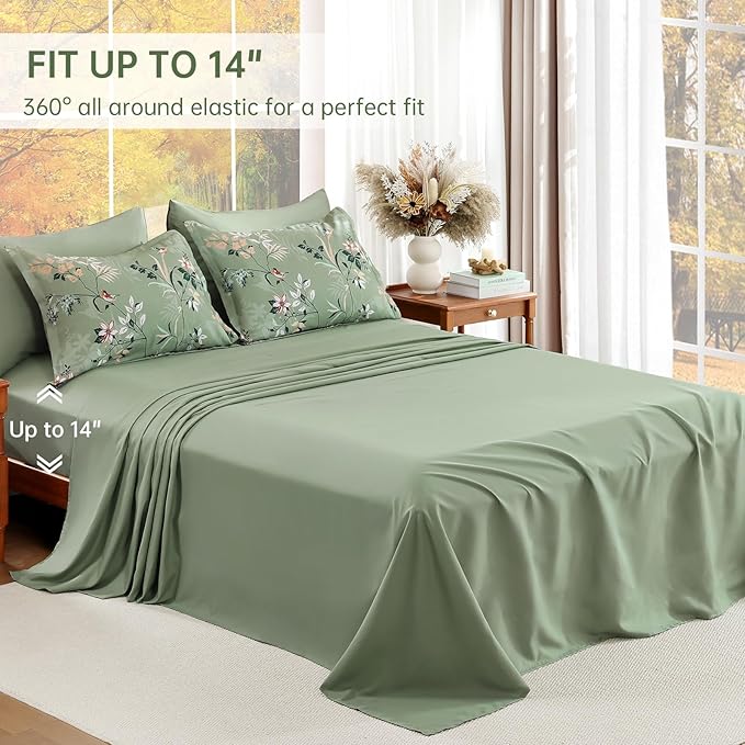 Green Queen Comforter Size Set, 7 Pieces Floral Bed in a Bag Bedding Sets, Lightweight Soft Comforter and Sheet Set, All Season Microfiber Flower Bedding Sets
