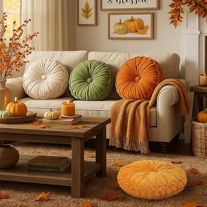 4 Pcs Round Throw Pillows Decorative Velvet Pleated Throw Pillows 15'' Diameter Accent Pumpkin Boho Chair Cushion for Couch Sofa Chair Bed Home Decoration (Fall Color)