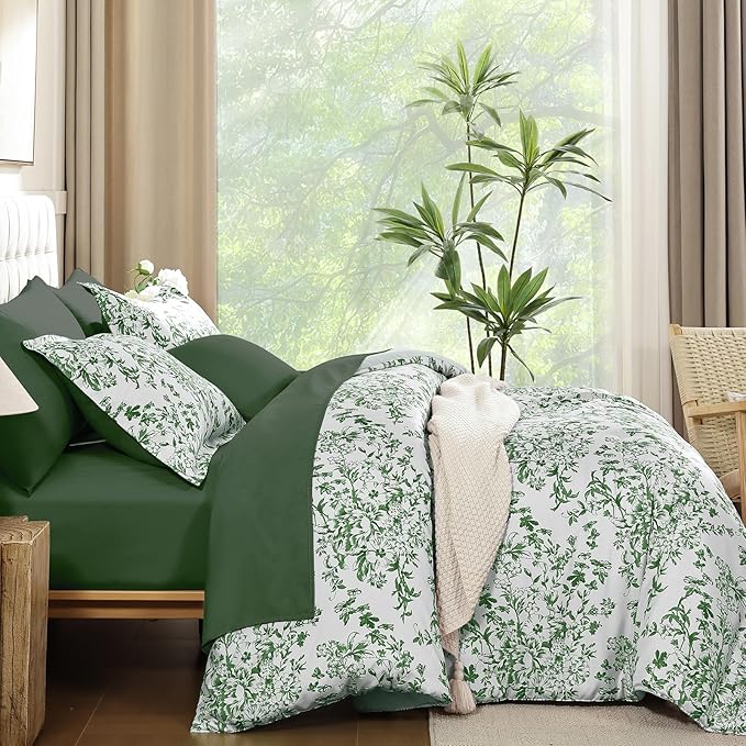 WONGS BEDDING Queen Size Comforter Set, 8 Pieces Emerald Floral Bed in a Bag Comferter Sets, Botanical Print Soft Fluffy Microfiber Complete Bedding Sets for All Season (90"x90")