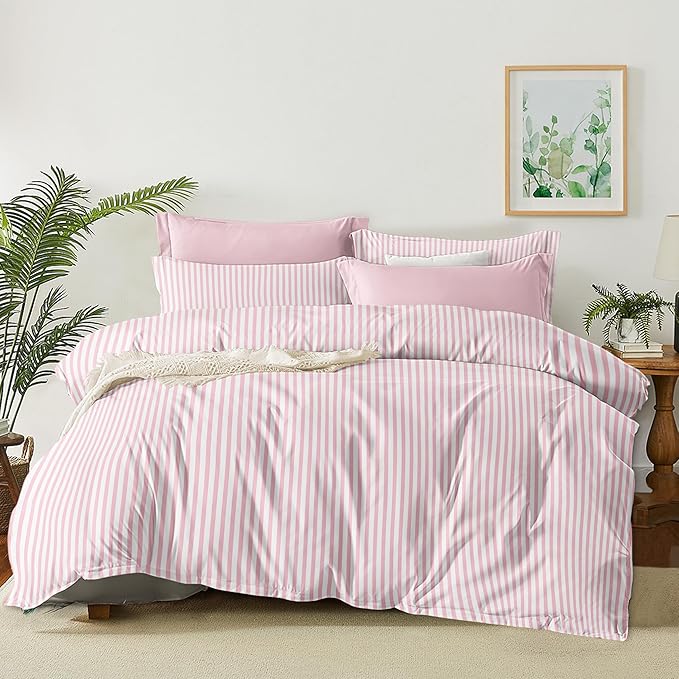 Nayoroom Pink Striped Comforter Set Queen Size White Stripe Comforter 3 Pieces Girls Soft Lightweight Pinstripe Dorm Bedding Set for All Seasons