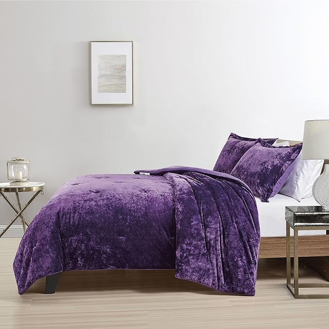 Luxury Velvet King Comforter Set, 3 Pieces Reversible Comforters King Size with 2 Pillow Shams, Brushed Solid Microfiber Back, All Season Cozy, Soft, Warm, Lightweight (Purple, 104x90 Inch)