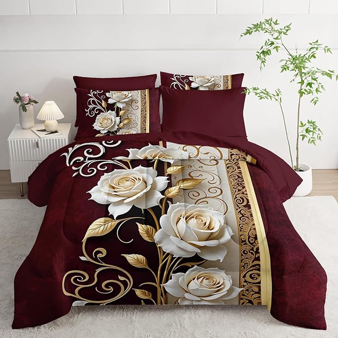 Red and White Floral Comforter Set Queen Size 7 Piece,Rose Queen Bedding Set,(1 Comforter, 1 Flat Sheet, 1 Fitted Sheet, 2 Pillowcase and 2 Pillow Sham),White Rose Bedroom Decor