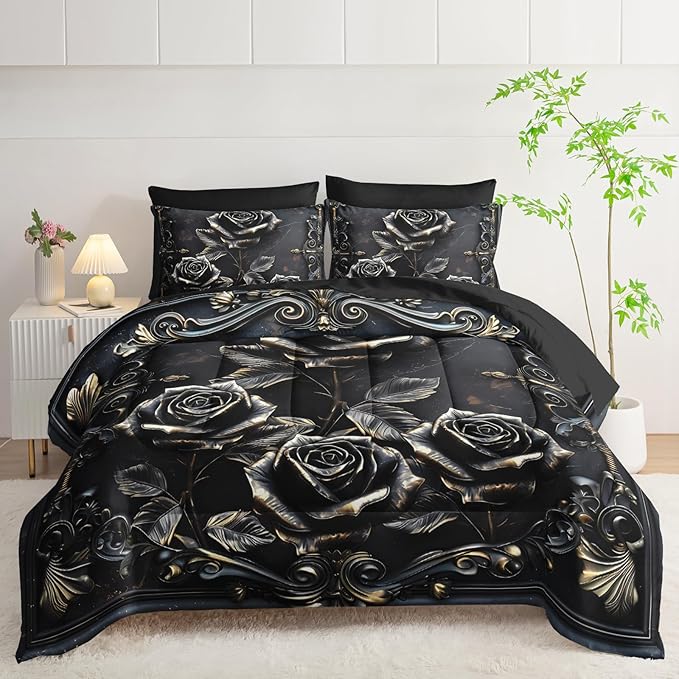 Comforter Set Queen Size Bed 7 Piece Roses,Black Queen Quilt Bedding Set Roses,Rose Bedroom Decor for Bed,(1 Comforter, 1 Flat Sheet, 1 Fitted Sheet, 2 Pillowcase and 2 Pillow Sham)